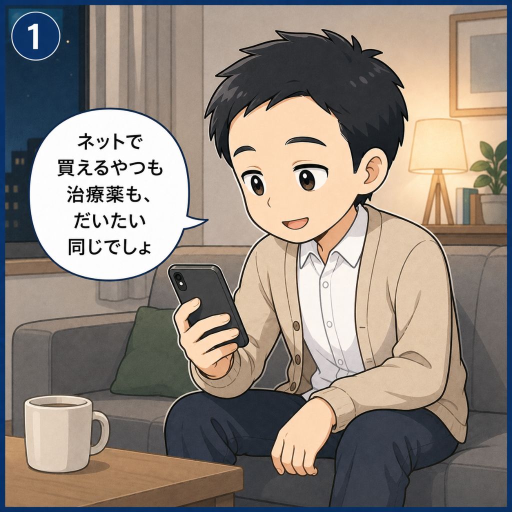 活力ケア製品とED治療薬の違いでよくある誤解。自宅のソファでスマートフォンの通販画面を見ながら「ネットで買えるやつも治療薬も、だいたい同じでしょ」と軽く考える男性の場面。両者を同じものとして捉えている状態を表した1コマ目。
