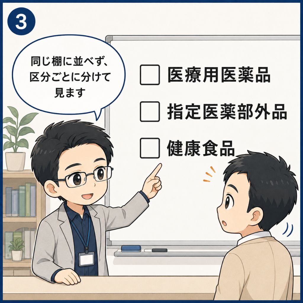 承認区分の見分け方。ホワイトボードに「医療用医薬品」「指定医薬部外品」「健康食品」の三つの区分を並べ、編集スタッフが「同じ棚に並べず、区分ごとに分けて見ます」と説明し、男性が聞き入る場面。区分ごとに分けて見る考え方を示す3コマ目。